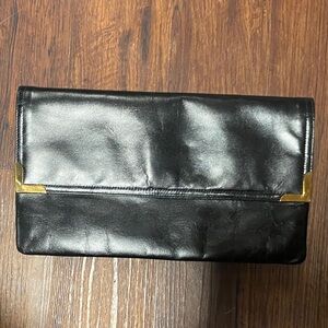 Vintage Black Leather Clutch with Gold Accents